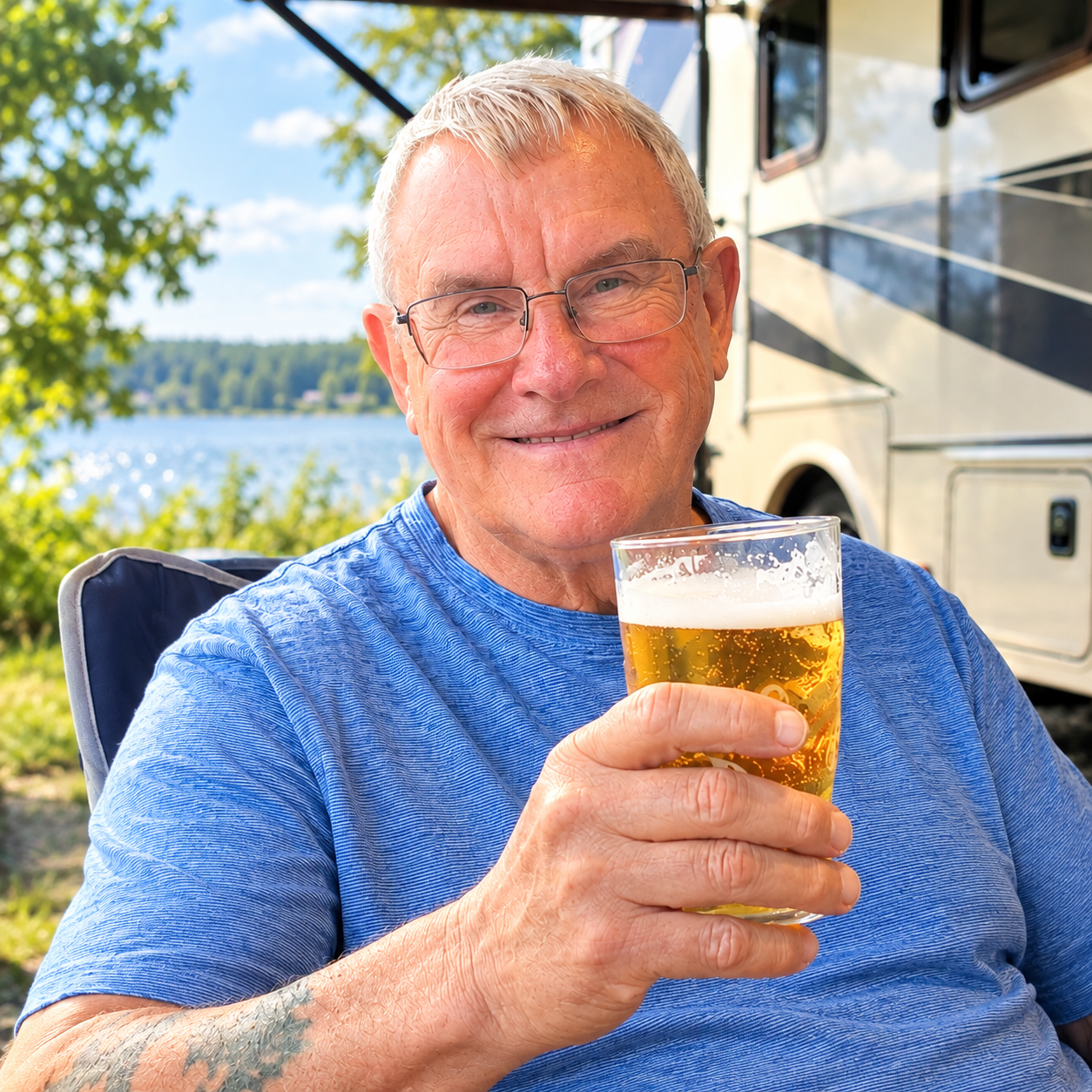 Mark enjoying a drink outdoors